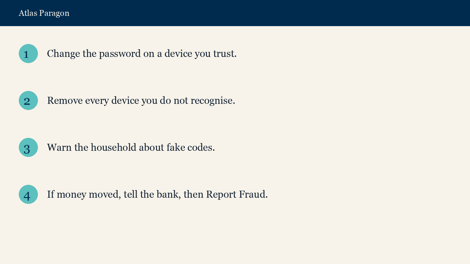 Apple account compromise check: change the password, remove unknown devices, then warn the household.