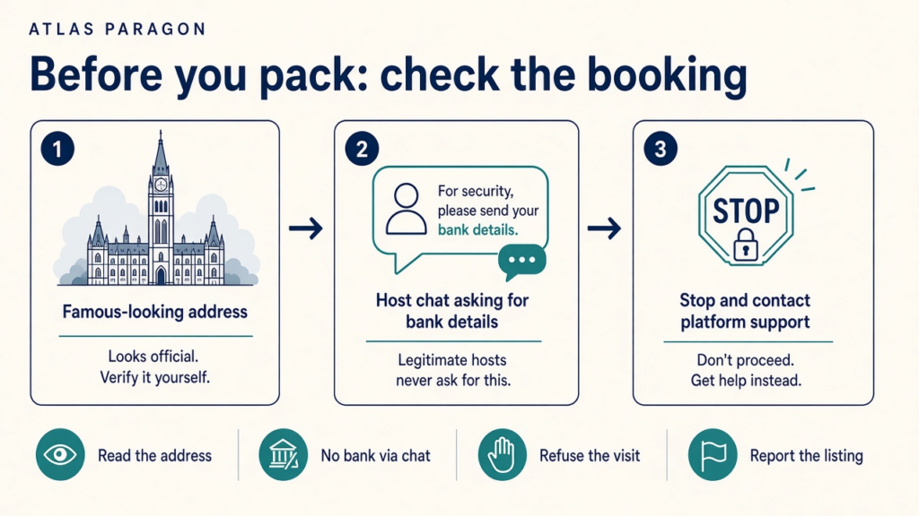 Atlas Paragon cover: before you pack, check the booking address, refuse bank details in chat, and skip a fake check-in visit.