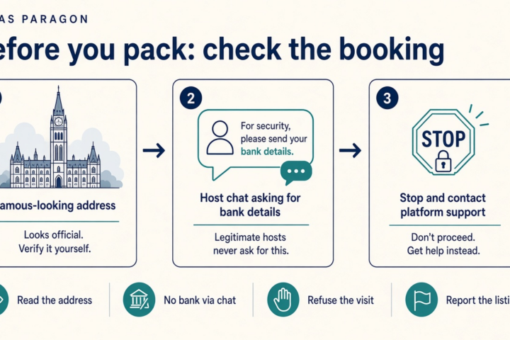 Atlas Paragon cover: before you pack, check the booking address, refuse bank details in chat, and skip a fake check-in visit.