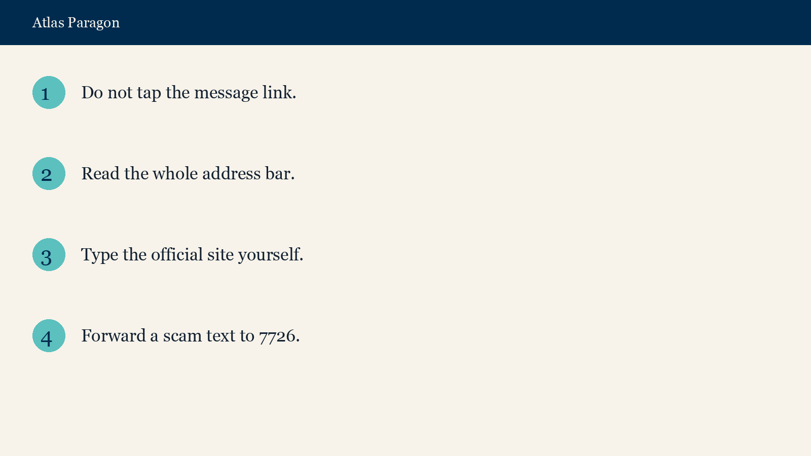 Lookalike URL check: ignore the message link, read the whole address, then type the real site yourself.