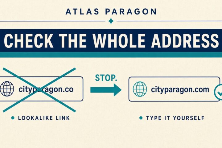 Cover for a lookalike URL check: check the whole address, ignore the message link, type the real site.