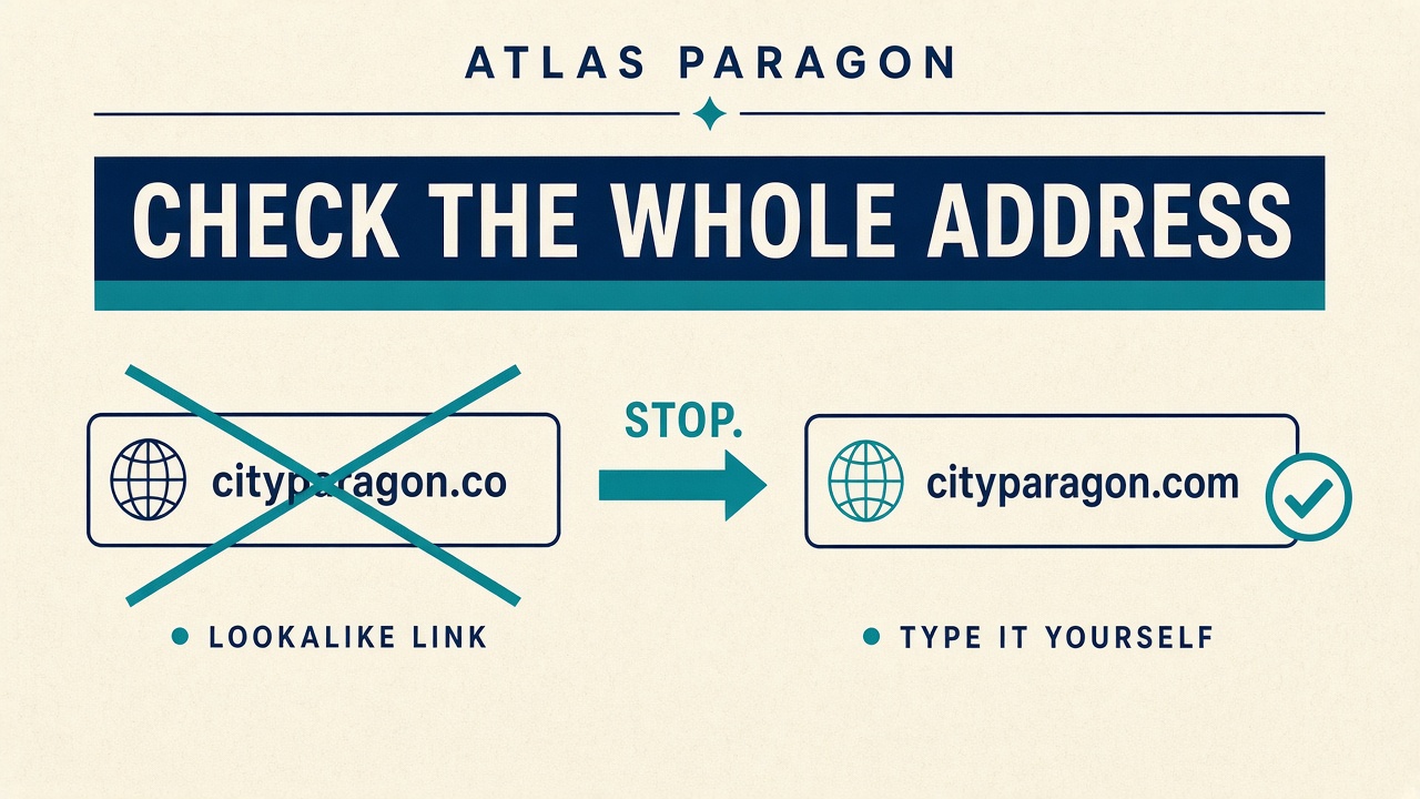 Cover for a lookalike URL check: check the whole address, ignore the message link, type the real site.