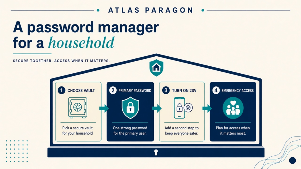 Atlas Paragon cover: household password manager vault with four setup steps for home and home-office logins.