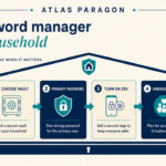 Atlas Paragon cover: household password manager vault with four setup steps for home and home-office logins.