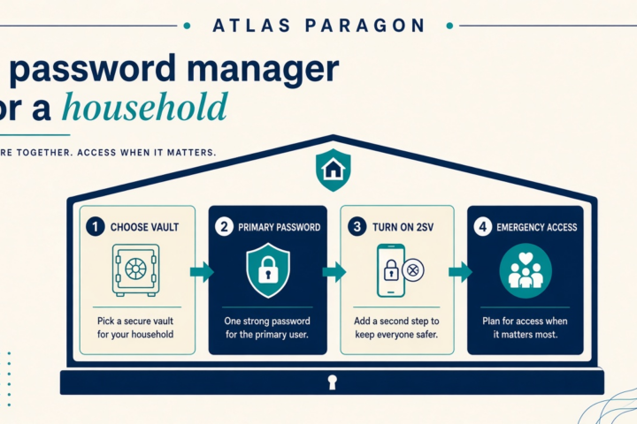 Atlas Paragon cover: household password manager vault with four setup steps for home and home-office logins.