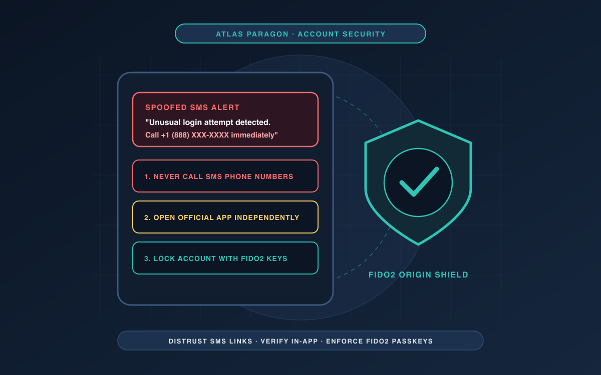 Centered security diagram showing a spoofed login SMS intercepted by a three-step verification protocol and FIDO2 passkey shield.