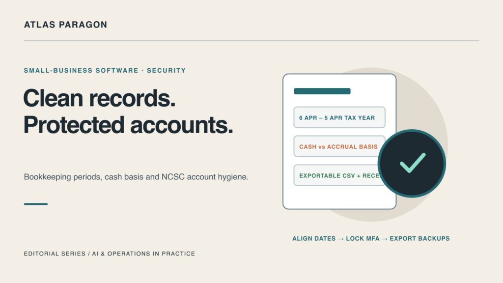 Small-business bookkeeping ledger showing tax year alignment, cash versus accrual basis, exportable backups, and a security verification shield.