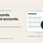 Small-business bookkeeping ledger showing tax year alignment, cash versus accrual basis, exportable backups, and a security verification shield.