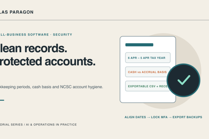 Small-business bookkeeping ledger showing tax year alignment, cash versus accrual basis, exportable backups, and a security verification shield.