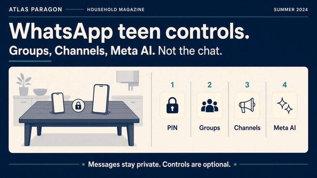 WhatsApp teen parental controls cover groups, Channels, Meta AI and a parent PIN, not the private chat itself.