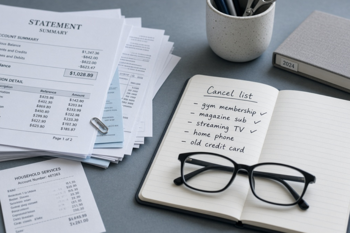 Cool desk still life with receipts and a cancel list for subscriptions