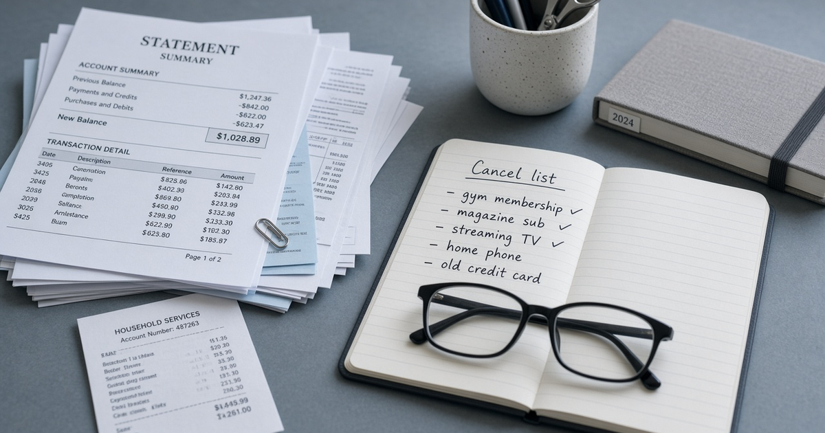 Cool desk still life with receipts and a cancel list for subscriptions