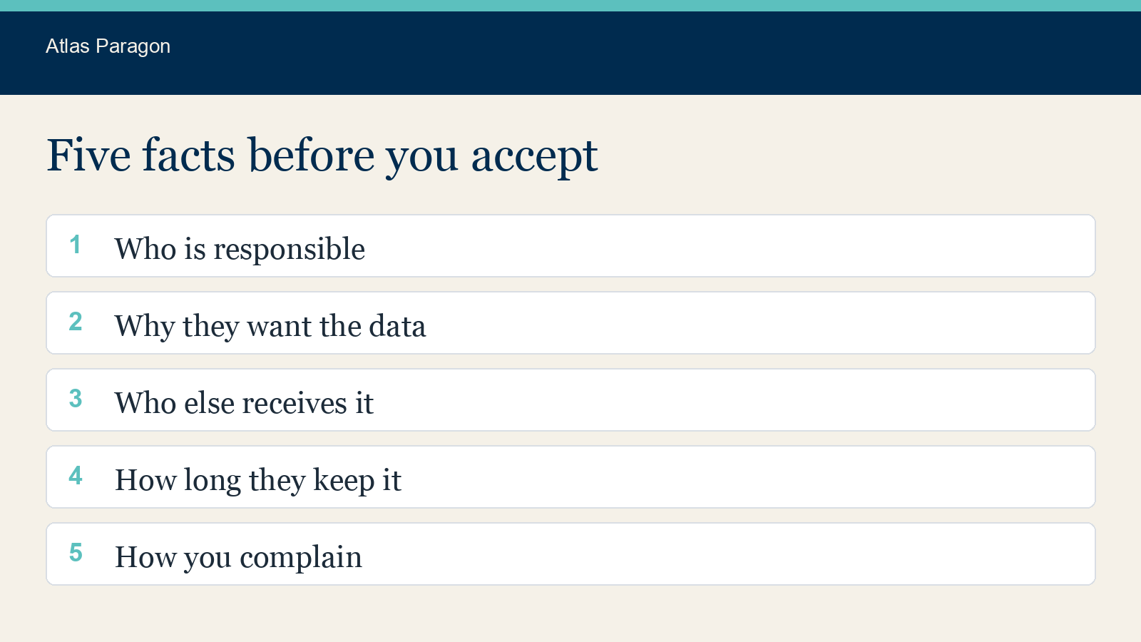 In the privacy page article, the five facts to find before you accept: who, why, who else, how long, and how to complain.