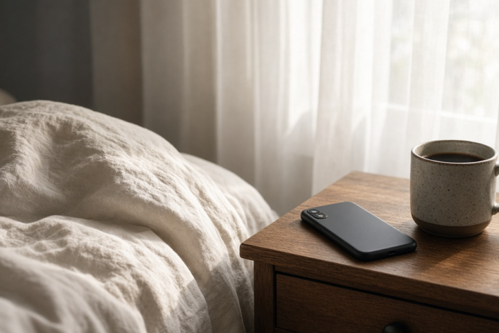 Soft morning light, phone face-down, coffee — morning without hustle
