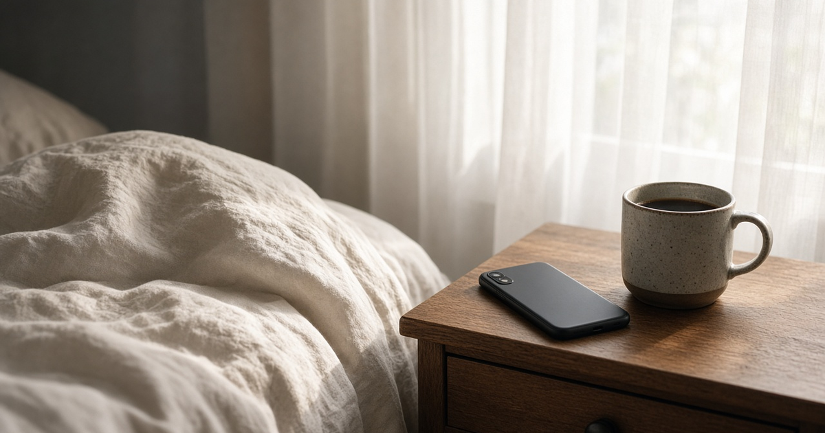 Soft morning light, phone face-down, coffee — morning without hustle