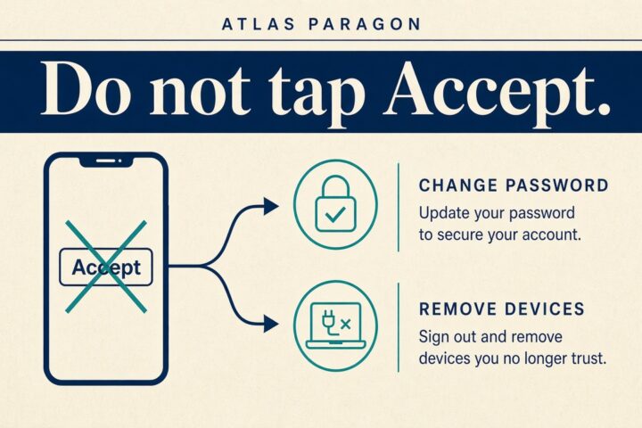 Cover for an Apple account compromise check: do not tap Accept, change password, remove devices.