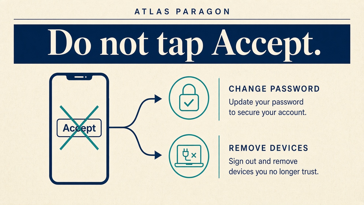 Cover for an Apple account compromise check: do not tap Accept, change password, remove devices.