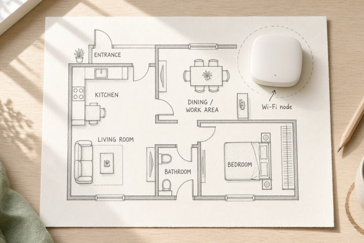 Daylight apartment floor plan and mesh node sketch for renter Wi-Fi