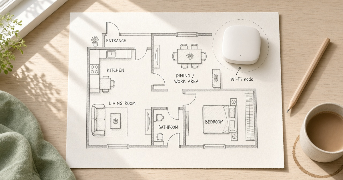 Daylight apartment floor plan and mesh node sketch for renter Wi-Fi