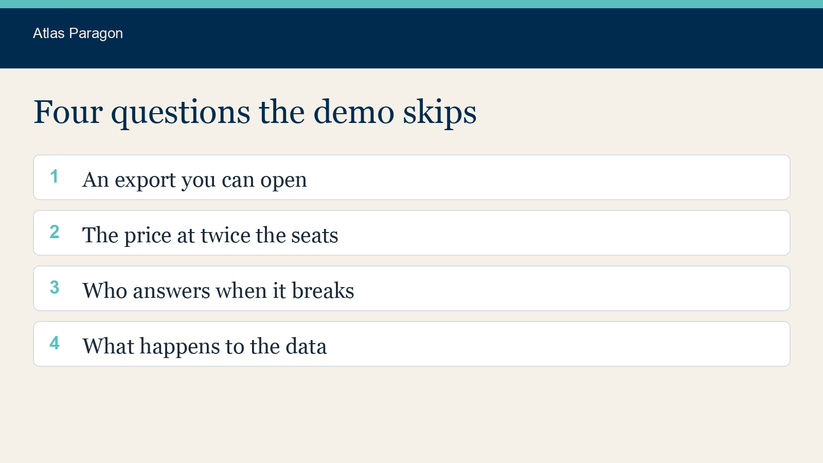 In the SaaS evaluation checklist, four questions the demo skips: export, price, support, and the data.