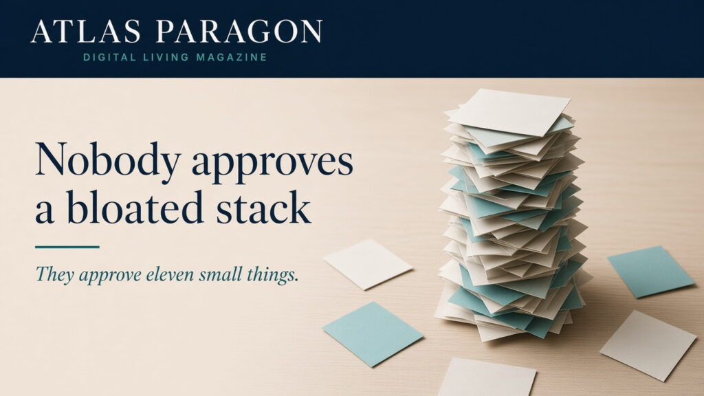 A tall precarious tower built from many small blank paper slips on a desk, each approval minor, the accumulated stack of tools unmistakably large.