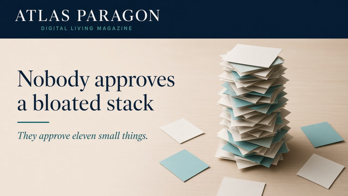 A tall precarious tower built from many small blank paper slips on a desk, each approval minor, the accumulated stack of tools unmistakably large.