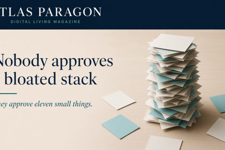 A tall precarious tower built from many small blank paper slips on a desk, each approval minor, the accumulated stack of tools unmistakably large.