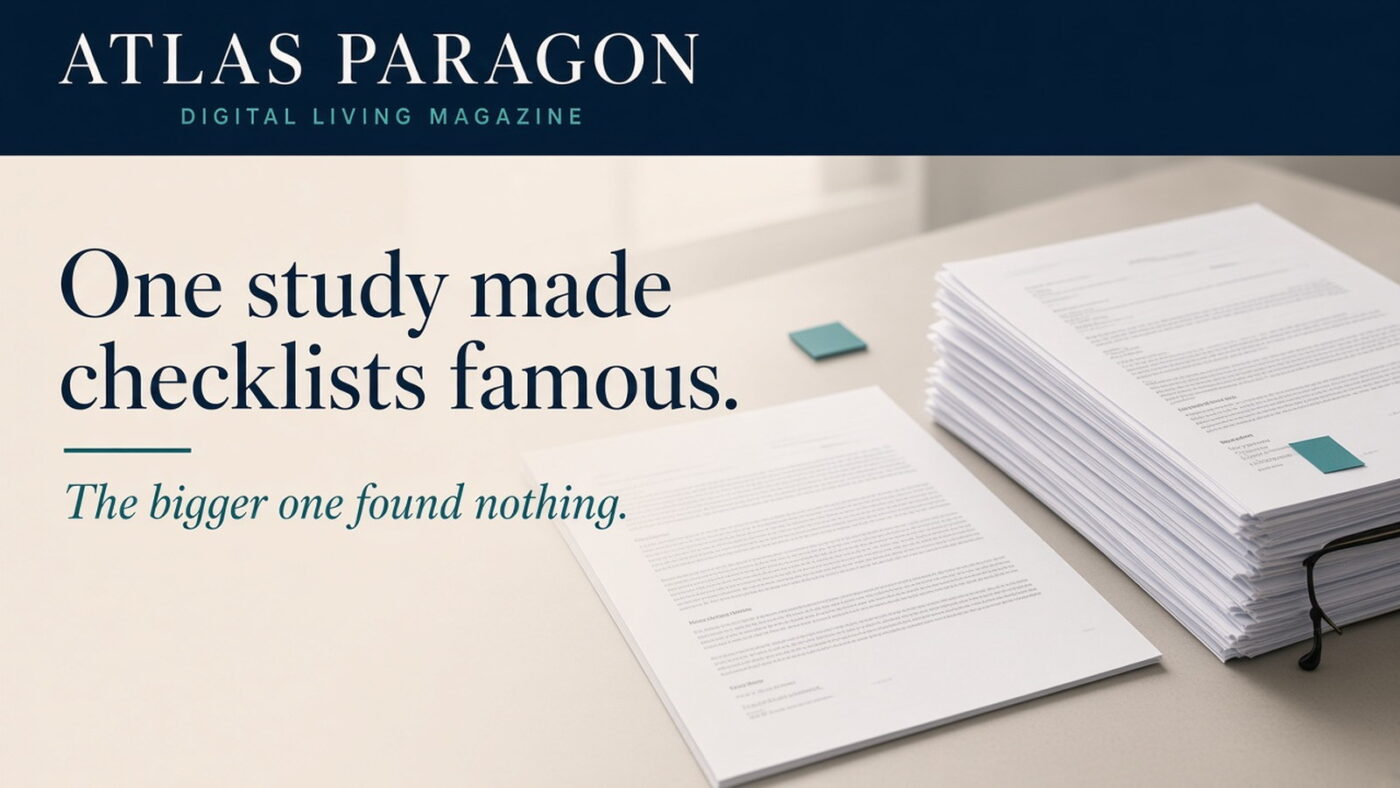 A single thin sheet of paper beside a much thicker bound stack of research pages, the famous checklist trial next to the larger one.