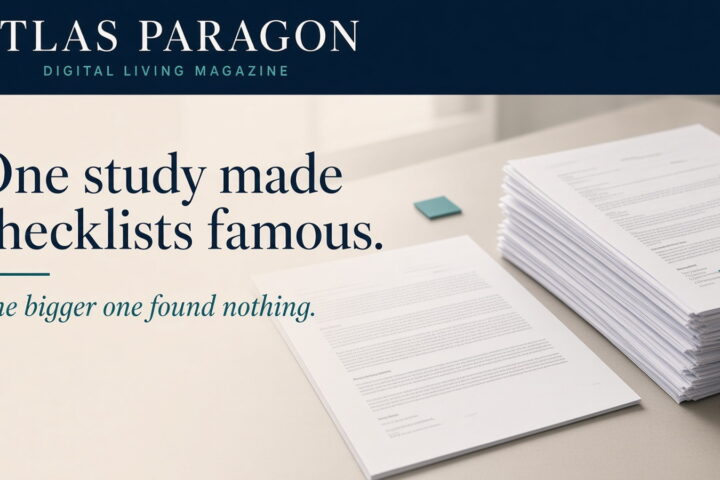 A single thin sheet of paper beside a much thicker bound stack of research pages, the famous checklist trial next to the larger one.